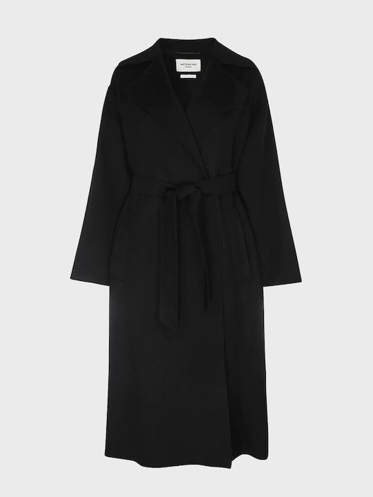 Wool Women's Coat Black with Belt