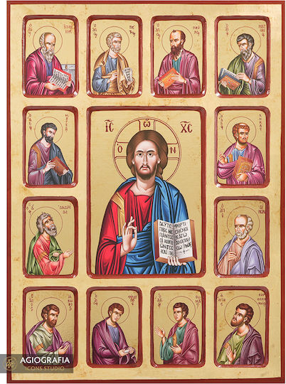 Heiligenikone Jesus Christus 12 Apostel Alte Golddruck Holz 30 X 40 Cm 11.8 X 15.8 In