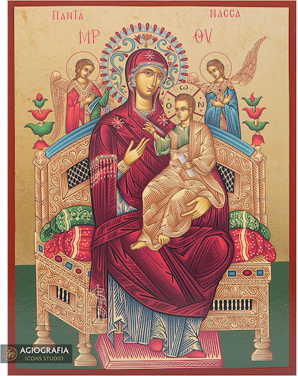 Holy Mary Pantanassa Saint Icon Aged Gilded Print Wood 24 X 35 Cm 9.4 X 13.8 In
