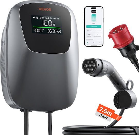 Vevor Επιτοίχιος Τριφασικός Φορτιστής 11kW με Ενσωματωμένο Καλώδιο 7.5m Type 2 (OZSXJLD11KWCFC12A001V8)