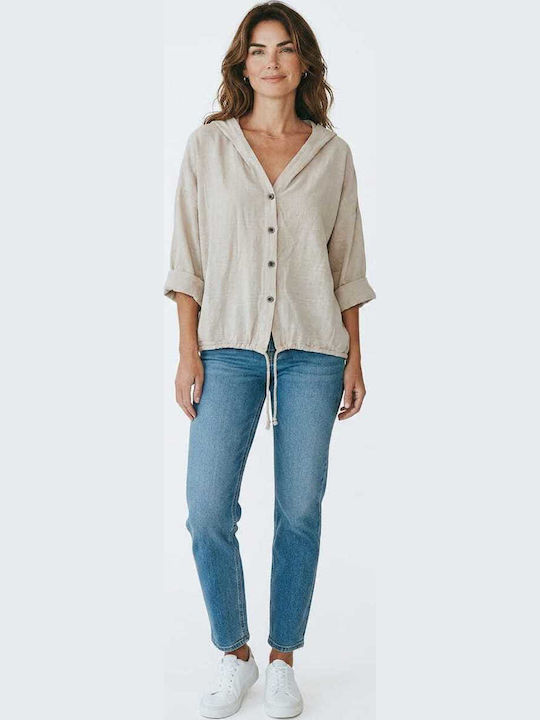 Kurze Damen-Strickjacke mit Knöpfen in Beige Farbe
