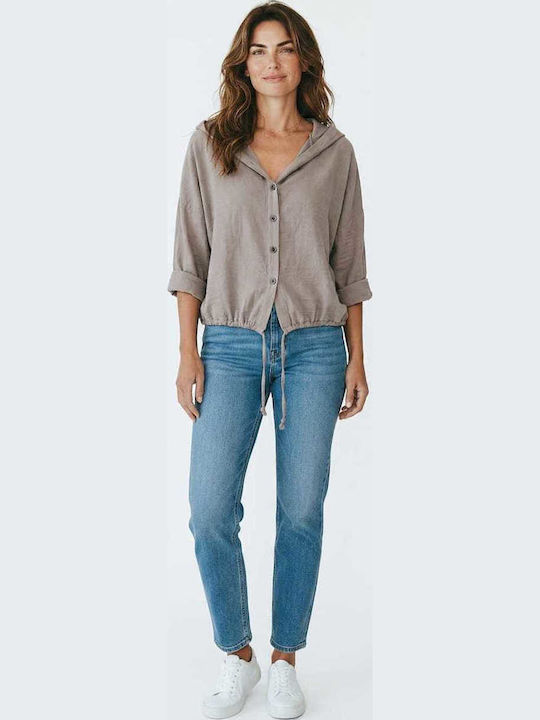 Kurze Damen-Strickjacke mit Knöpfen Baumwoll 7042 hellbraun