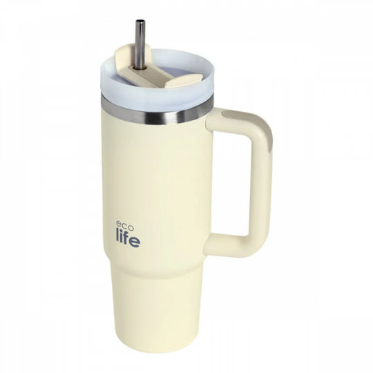 Ecolife Thermos Bottle Stainless Steel BPA Free 900ml With Double Walls To Enjoy Cold Water Or Hot Drink For Many Hours With Straw