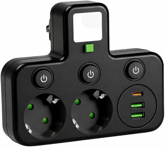 Захранваща лента 2 гнезда с 2 USB-A, USB-C и превключвател