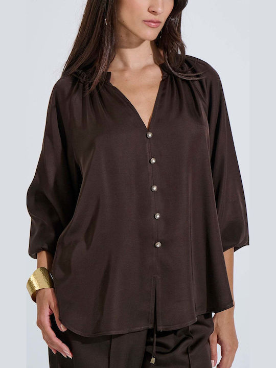 Women's Satin Long Sleeve Blouse with V-Neck Brown