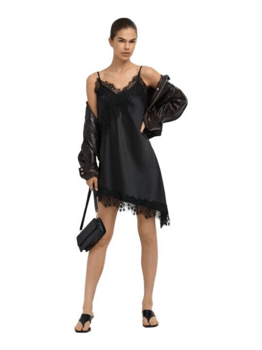 Summer Mini Evening Satin Slip Dress with Lace Black