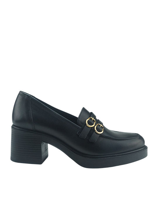 Leder Pumps mit Chunky Mittelhohem Absatz Schwarz