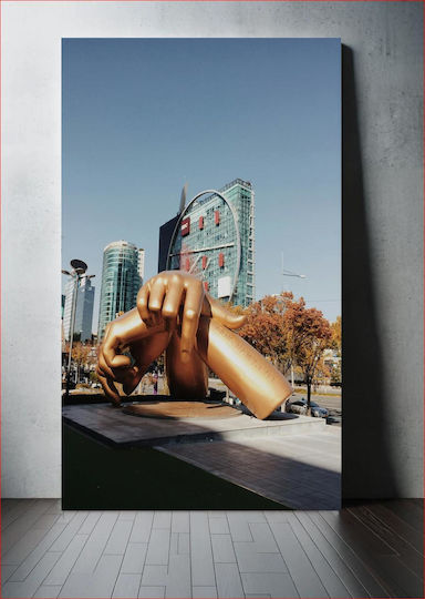 Painting Golden Hand Sculpture In City Gold Hand Sculpture In The City 100x150