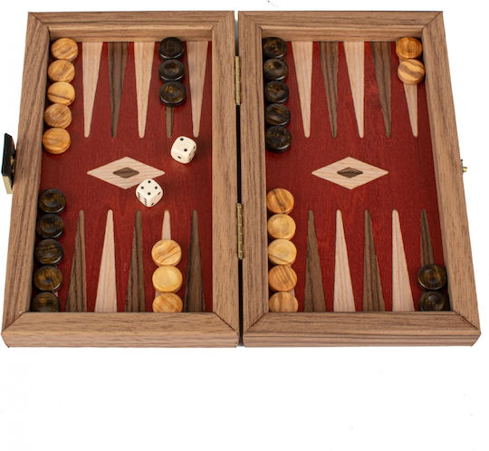 Manopoulos Walnut Wooden Checkers & Dice Set for Backgammon Handmade Red / Brown 20cm