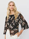 Access Damen-Bodysuit Langärmelig Floral 64-2216 Schwarz