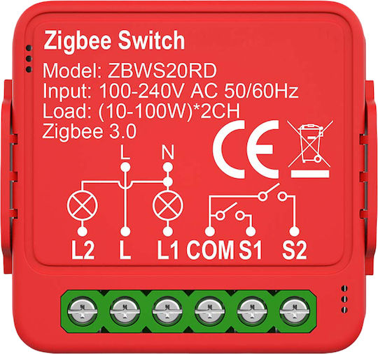 Nedis Zigbee 3.0 Connected Double Switch 2x100w Without Neutral Voice Control Red