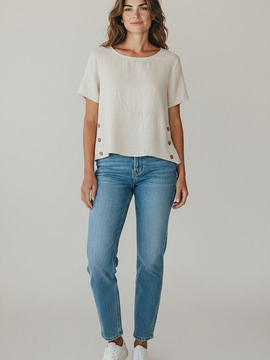 Liva Fashion Damen Crop Top Aus Baumwolle Kurzärmelig Beige