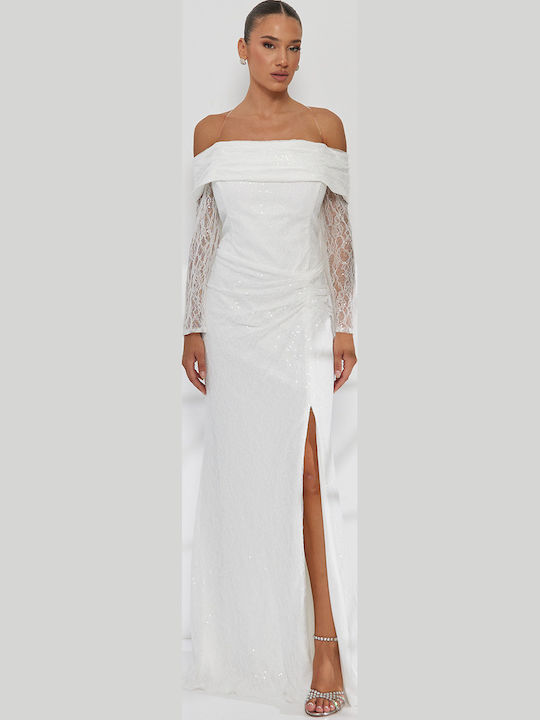 Rochie Maxi De Mireasă Cu Umerii Goi Cu Dantelă Și Deschizătură Albă