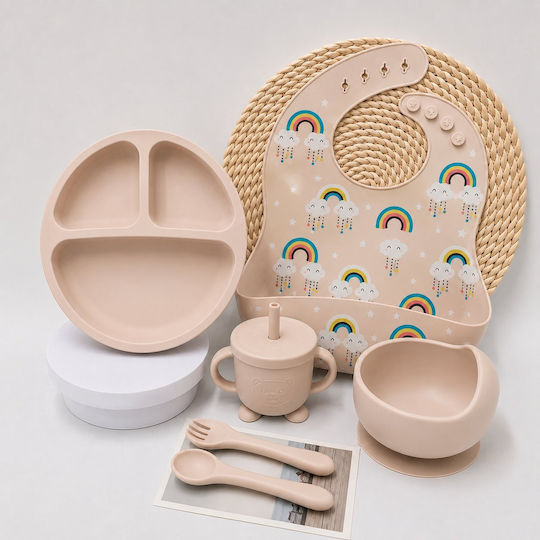 Silicone Feeding Set with Anti-Slip Base Beige 6 Pieces
