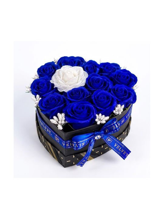 Velvet Heart Aranjament Floral În Formă De Inimă 15 Trandafiri Săpun Accent Sclipici Albastru Alb