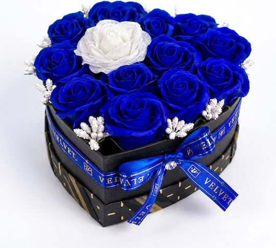 Velvet Heart Heart-shaped Floral Arrangement 15 Soap Roses Glitter Accent Blue White