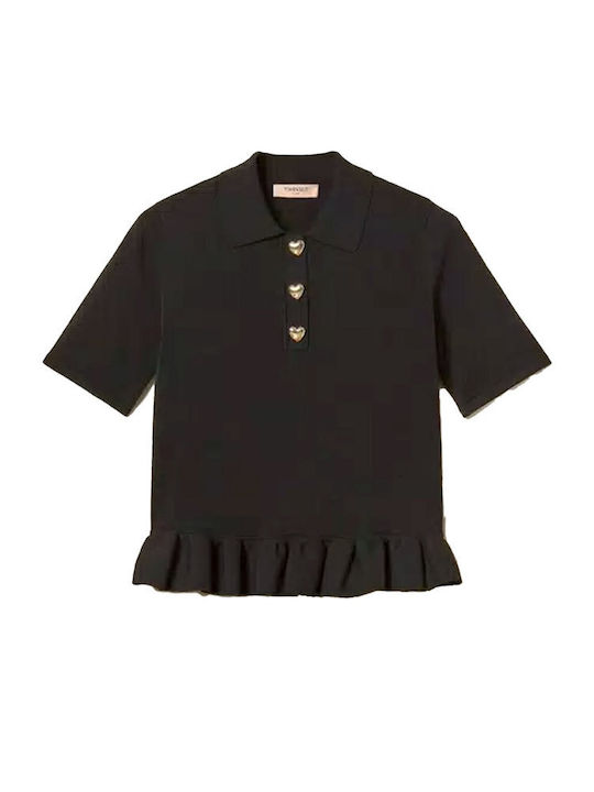 Women's Short Sleeve Polo Blouse Black