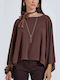 Women's Blouse with 3/4 Sleeve and Smile Neckline Brown