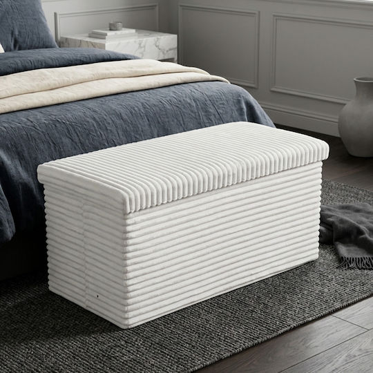 Collapsible Bench Stool With Storage Space Upholstered With White Fabric 76x38x38cm