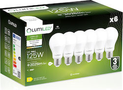 6x Λαμπτήρας Led E27 A65 15w = 125w 2025lm 4000k Ουδέτερος 260° Φωτισμος