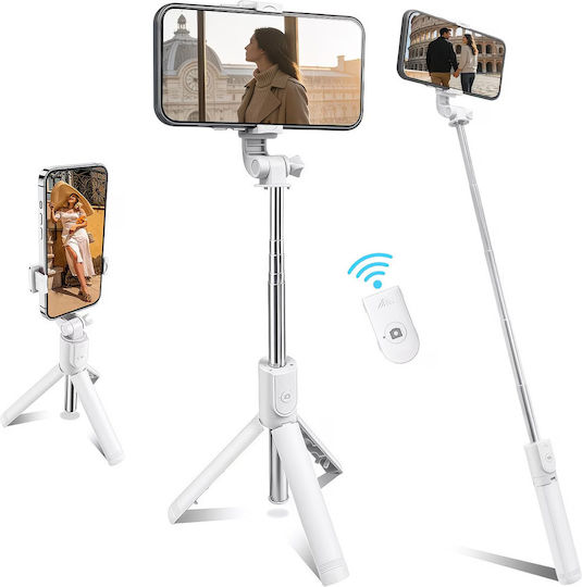Selfie Stick Telescopic 3 1 Tripod Telecomandă Bluetooth Rotație 360° Alb