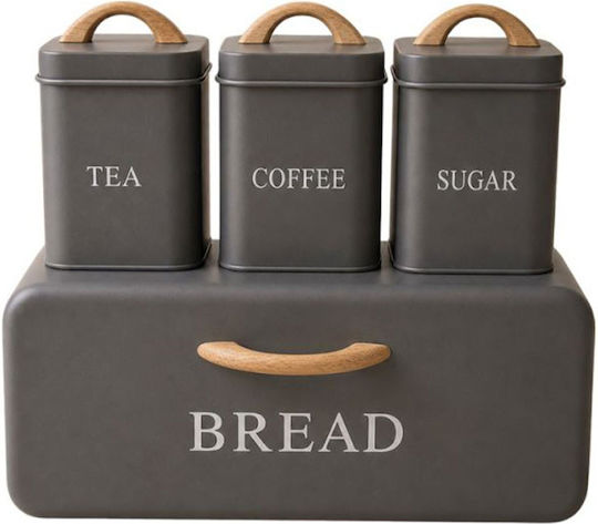 Set of 4 Grey Metallic Bread Box 3 Boxes Tea Coffee Sugar 35x21x20cm 11x11x14cm