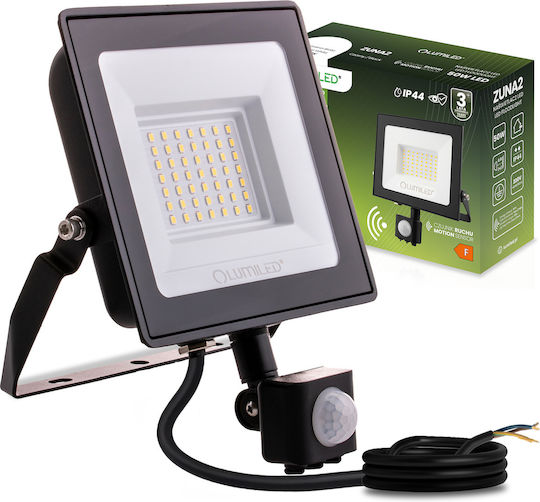 LED Flood Light Zuna2 50W 4500lm 4000K IP44 Black Motion Sensor Lumiled