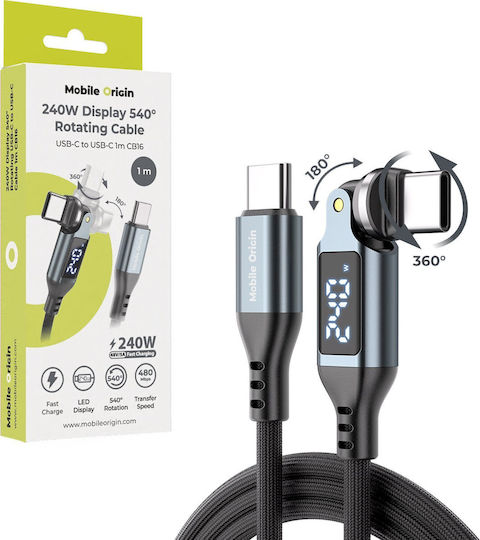 Mobile Origin Winkel (90°) / Geflochtenes / LED USB 2.0 Kabel USB-C männlich - USB-C 240W PD Grau 1m MO-DRC-S-CB16