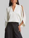 Women's Satin Blouse with V-Neck Ecru