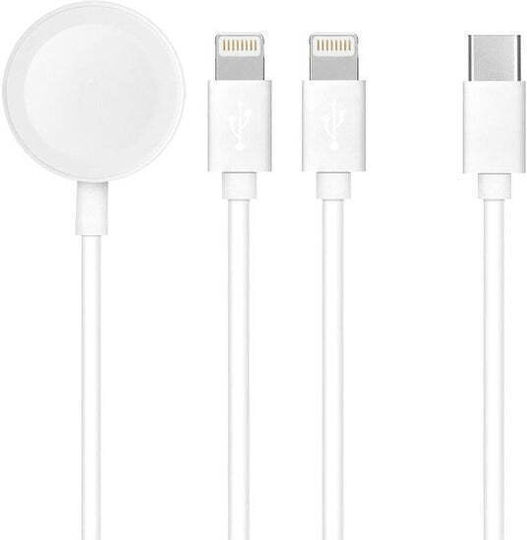 Cablu de încărcare 3 în 1 Type-c la 2x Lightning și Apple Watch 1.2m Alb