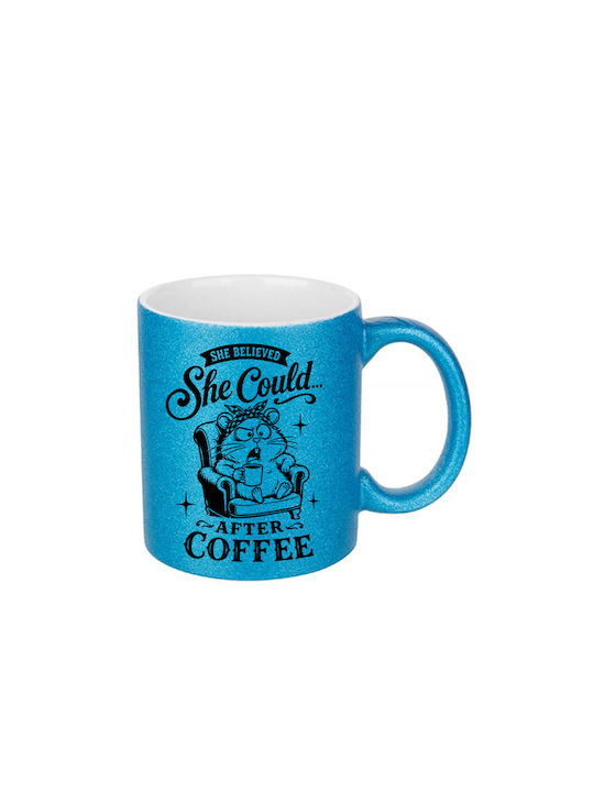 White Ceramic Mug 330ml Blue Glitter She Believ...