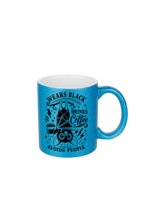 White Ceramic Mug 330ml Glitter Blue Wears Blac...