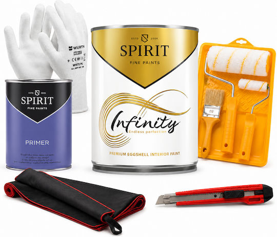 Комплект За Боядисване До 15 М² Покривна Повърхност Spirit Infinity Finish 15 Интериорна Бяла Боя С Яйчен Мат Праймер Аксесоари