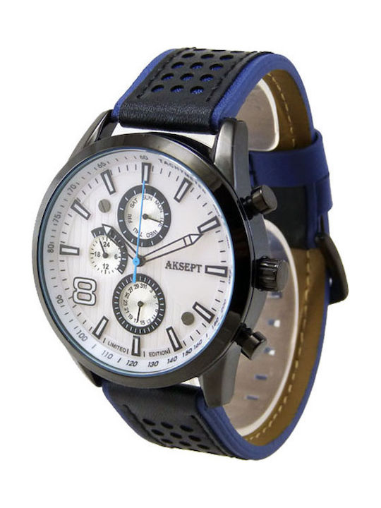Aksept Мъжки Часовник 47mm На Батерия с Черна Кожена Каишка