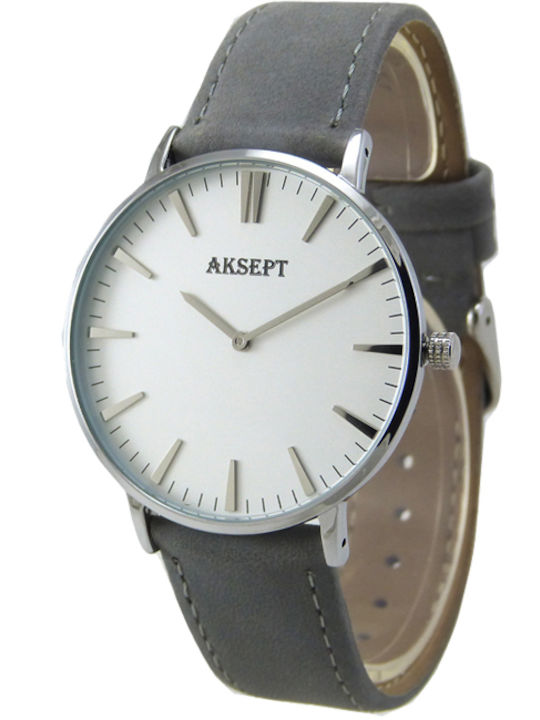 Aksept Мъжки часовник 40mm на батерия с сива кожена каишка