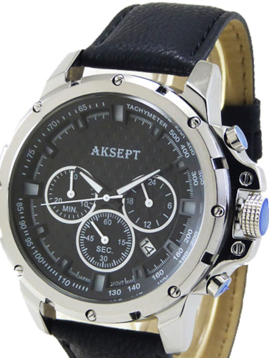 Aksept Мъжки Часовник 49mm Хронограф На Батерия с Черна Кожена Каишка