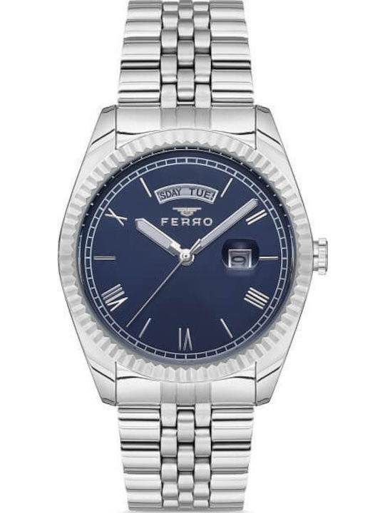 Ferro Men's Battery Watch With Blue Metal Bracelet