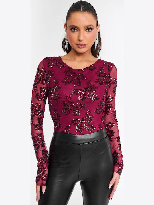 Bodysuit Pentru Femei See Through & Paiete Burgundy