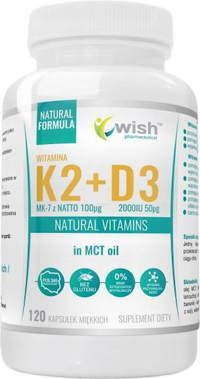 Wish Pharmaceutical Vitamin K2 MK-7 from Natto 100μg + D3 2000 IU 50μg in MCT Oil Vitamin for Bone Health 1 Piece