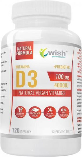 Wish Pharmaceutical Natural Vitamin D3 100μg 4000IU + Prebiotic Vitamin for Immune Support & Bone Health 120 Capsules