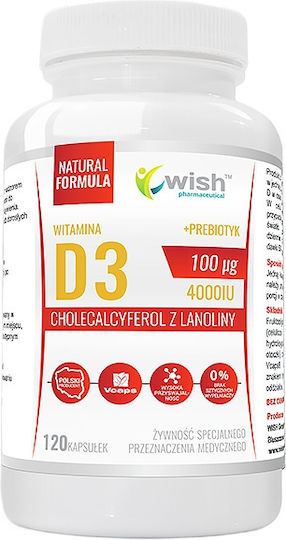 Wish Pharmaceutical Vitamin D3 100μg 4000IU + Prebiotic Vitamin for Immune Support & Bone Health 120 Capsules