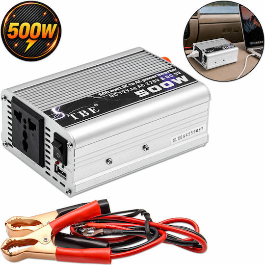 Inverter Αυτοκινήτου Τροποποιημένου Ημιτόνου 500w Μετατροπή 12v Dc 220v Ac Κροκοδειλάκια Θύρα Usb-a Ασημί Tbe