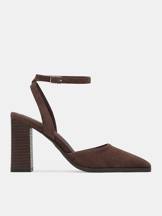Pointed Toe Heels with Strap & High Brown Heel