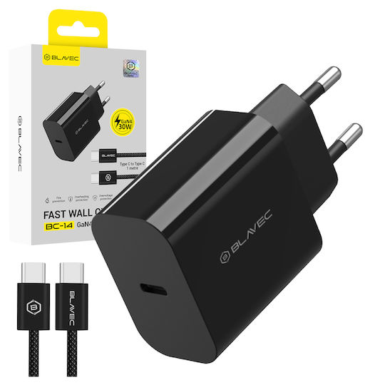 Blavec GaN Charger with USB-C Port and USB-C - USB-C Cable 30W Power Delivery / Quick Charge 3.0 / Quick Charge 4+ Black (BC-14)