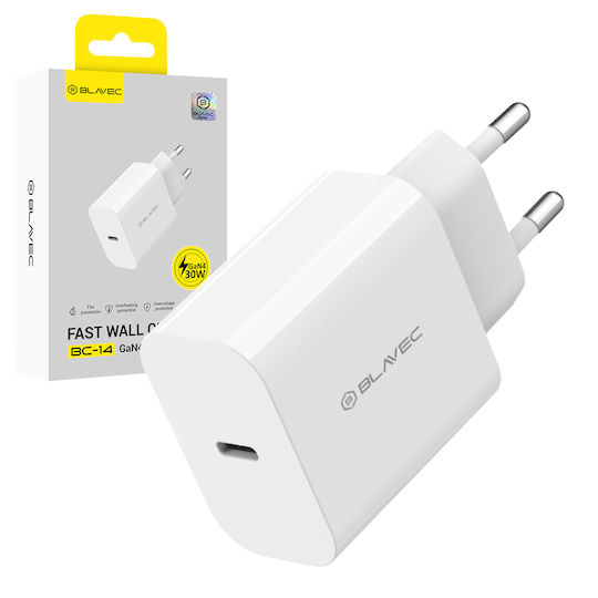 Blavec Зарядно устройство Без Кабел GaN с USB-C Порт 30W Power Delivery / Quick Charge 4+ Бял (BC-14)