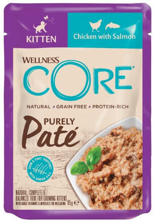 Wellness Core Nasses Katzenfutter für Junior-Katzen in Beutel mit Huhn und Lachs 85g