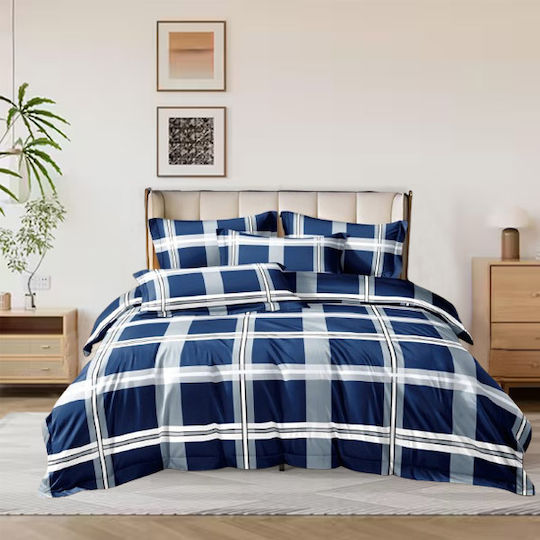 SpitiBazaar Σετ Υπέρδιπλο 4τμχ 160x200+30εκ. με Λάστιχο Μπλε Καρό