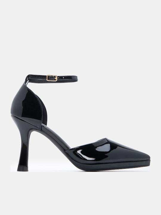 Spitze Zehen Pumps mit Riemen & Niedrigem Absatz Schwarz