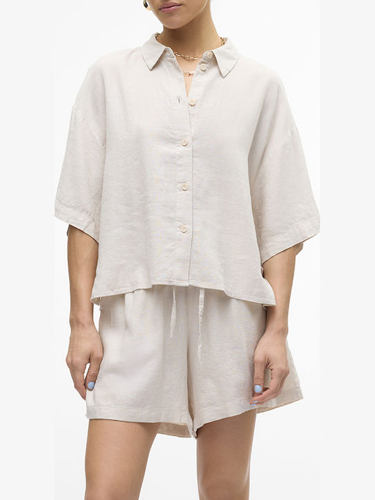 Vero Moda Short Sleeve Women's Linen Shirt Moonbeam Offwhite