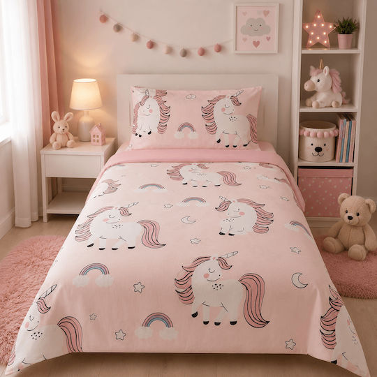 Сет Единични Памучни Спални Комплекти Розови Еднорози 160x245см
